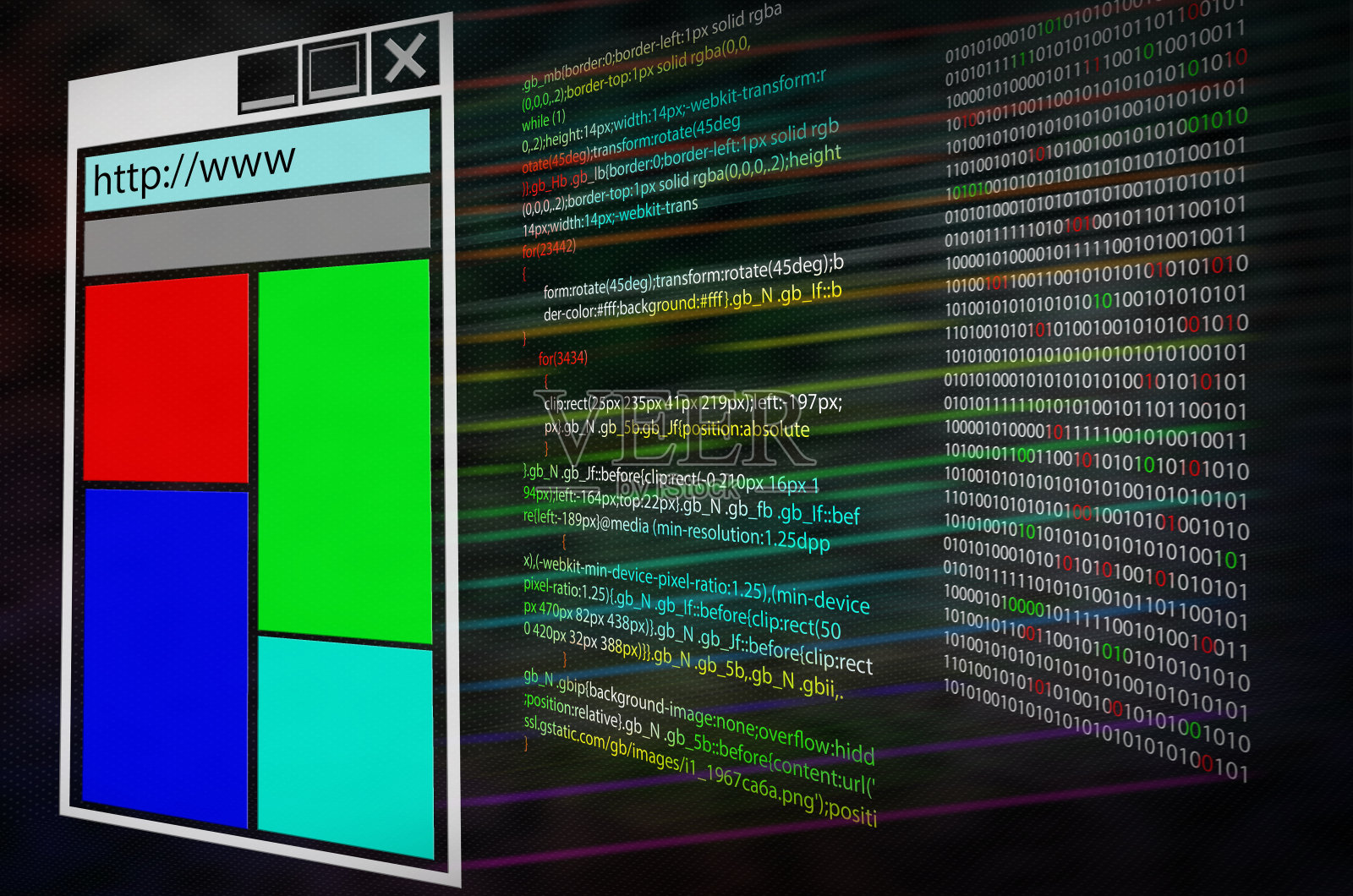 監視器屏幕上的程序源代碼。三層。外殼網頁或程序計算機代碼和二進制代碼照片攝影